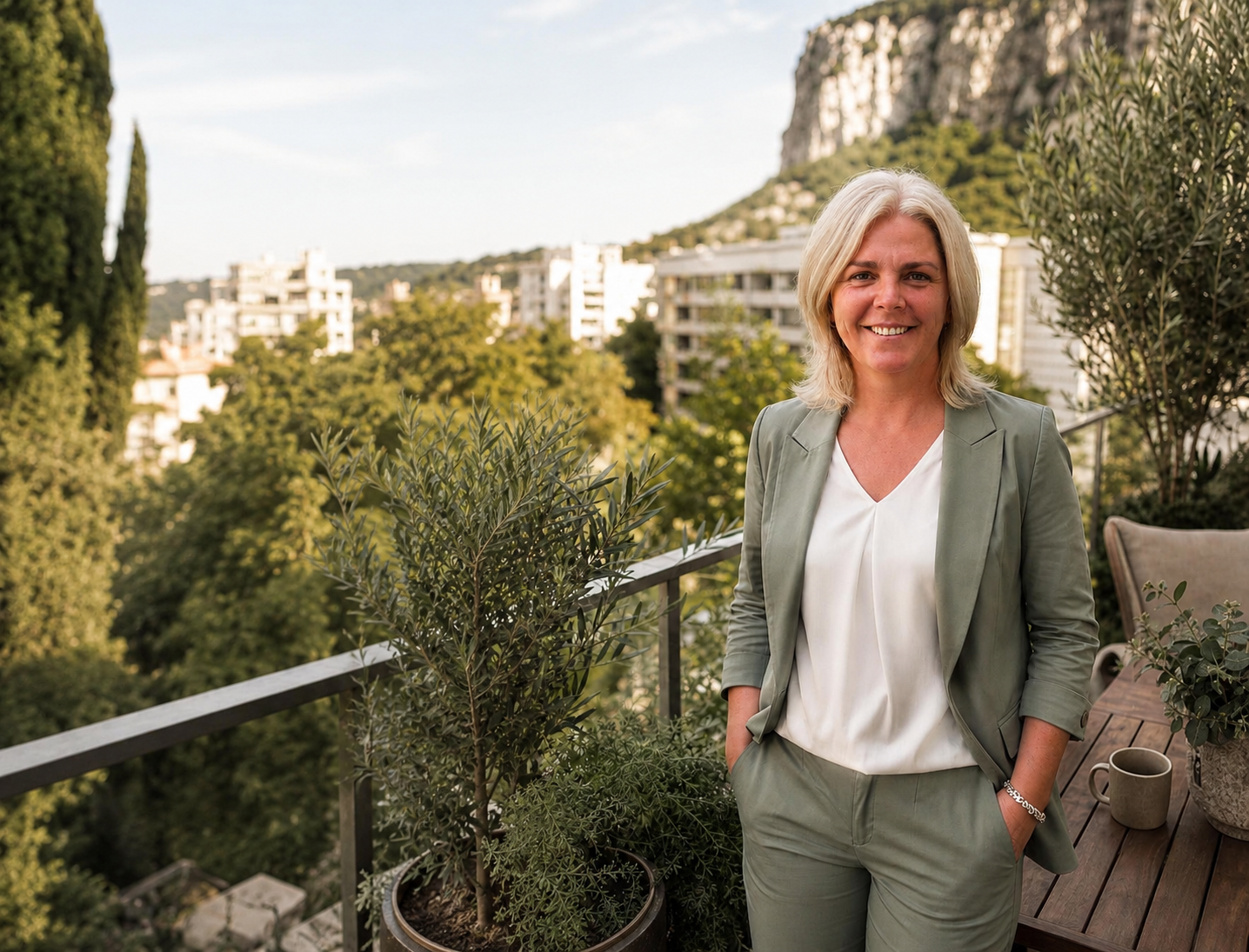 Leah Carnegie standing on a Gibraltar terrace with the Rock behind her