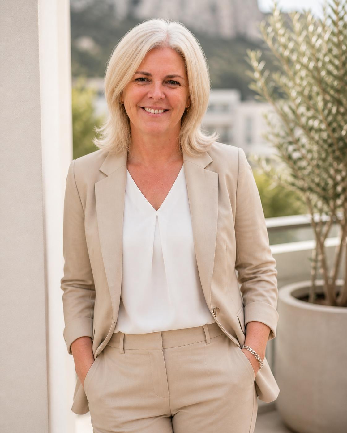 Leah Carnegie standing portrait against a white wall, beige suit