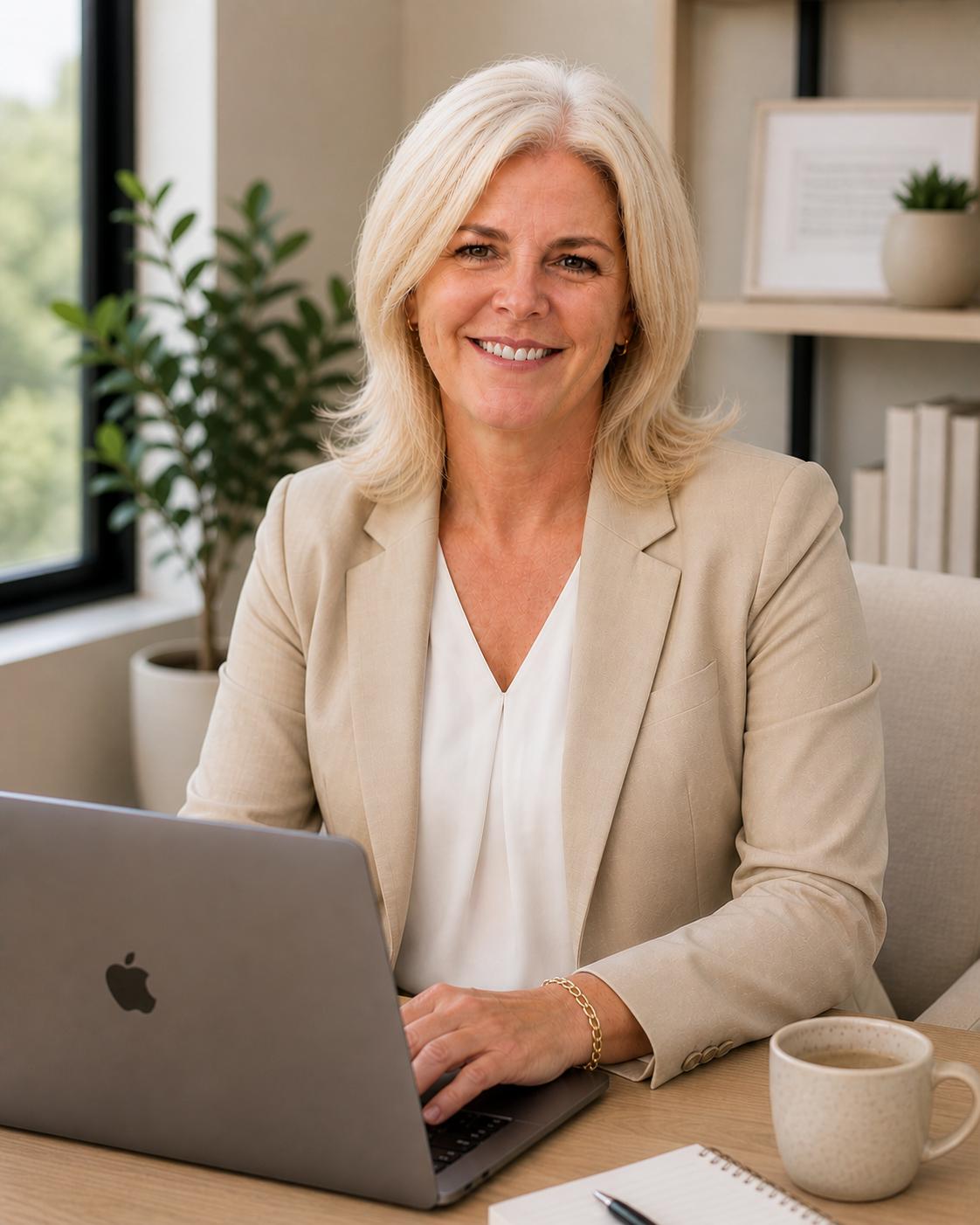 Leah Carnegie working at her desk with laptop and notebook